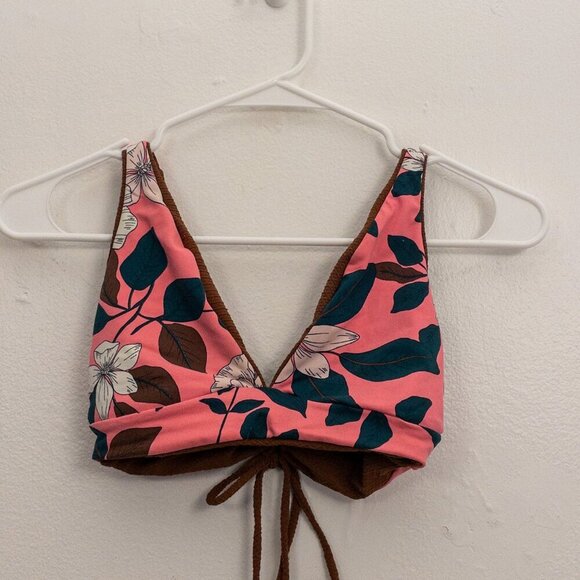 Other - Floral Bikini Top Pink Brown Reversible Tie Front Adjustable Swimwear M